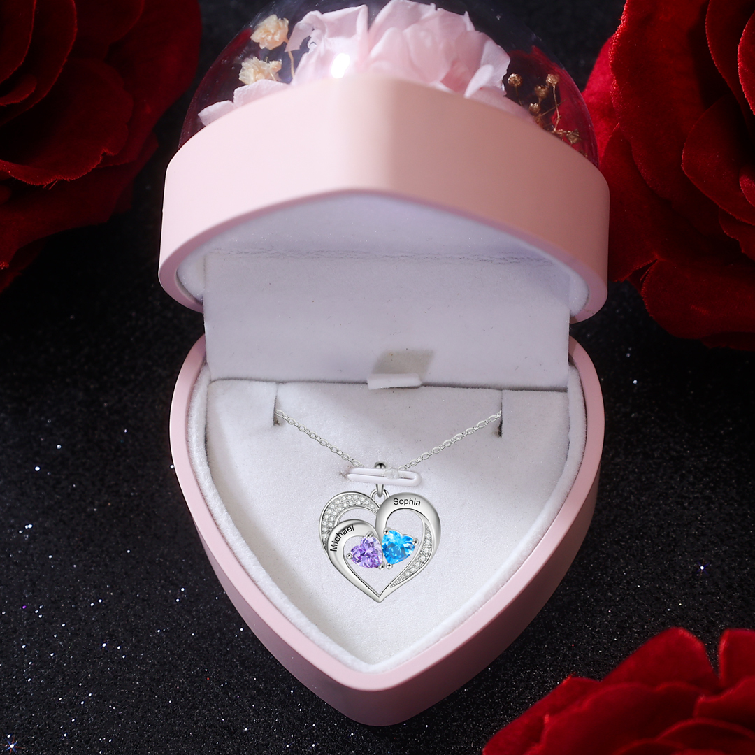 Personalisierte 2 Namen & 2 Herz Geburtssteine Herz Elegant Halskette mit Zirkonia
