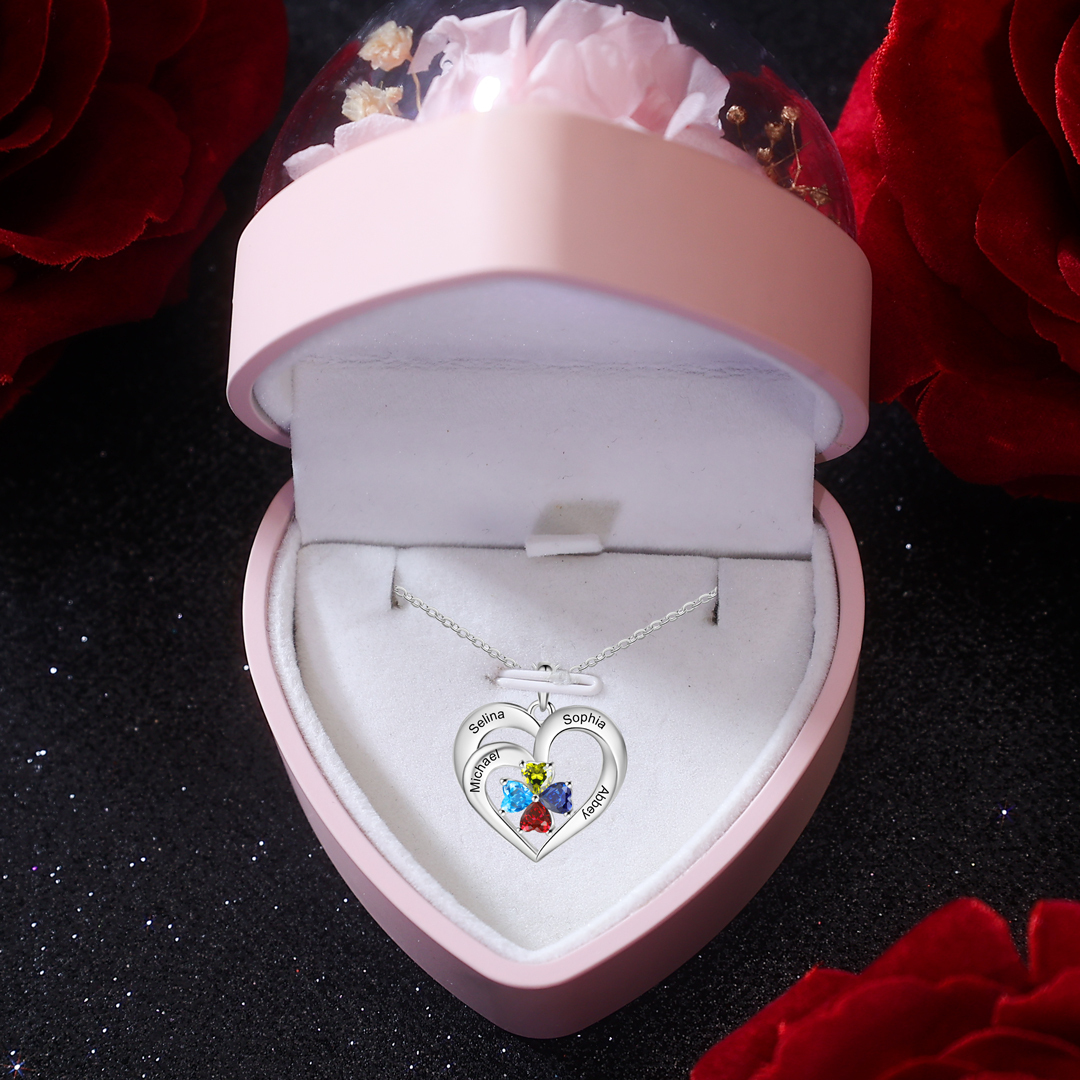 Personalisierte 4 Namen & 4 Herz Geburtssteine Herz Elegant Halskette mit Zirkonia