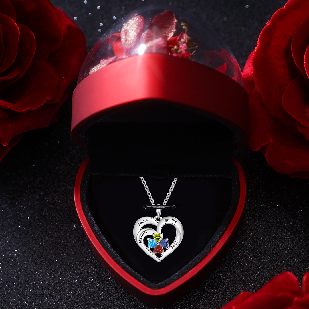 Personalisierte 4 Namen & 4 Herz Geburtssteine Herz Elegant Halskette mit Zirkonia