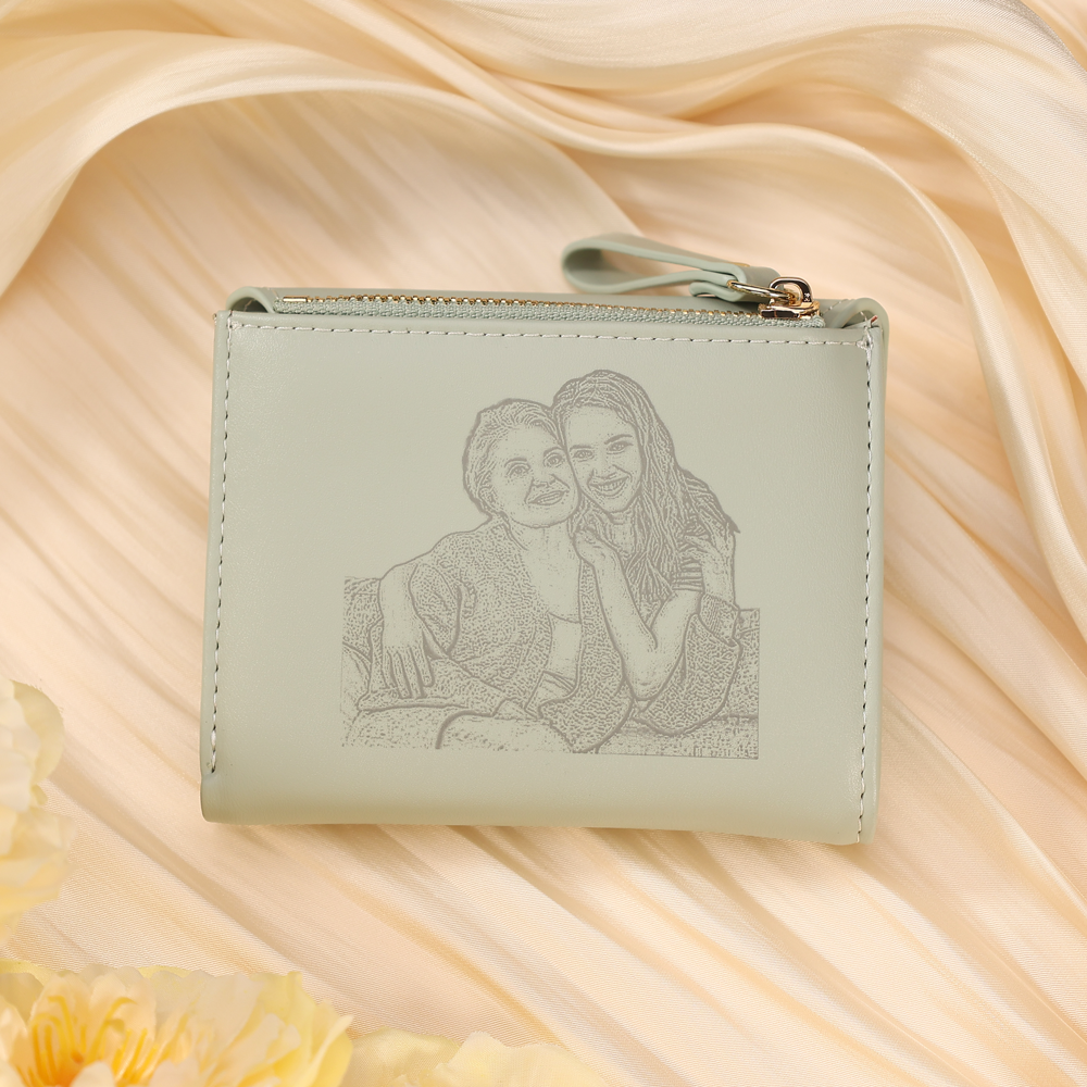 Damen Personalisierter Text & Foto PU Leder Klapp-Portemonnaie Geldbörse mit Reißverschluss