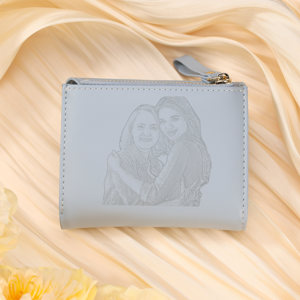 Damen Personalisierter Text & Foto PU Leder Klapp-Portemonnaie Geldbörse mit Reißverschluss