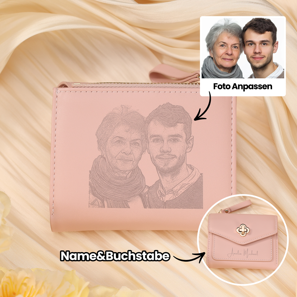 Damen Personalisierter Text & Foto PU Leder Klapp-Portemonnaie Geldbörse mit Reißverschluss