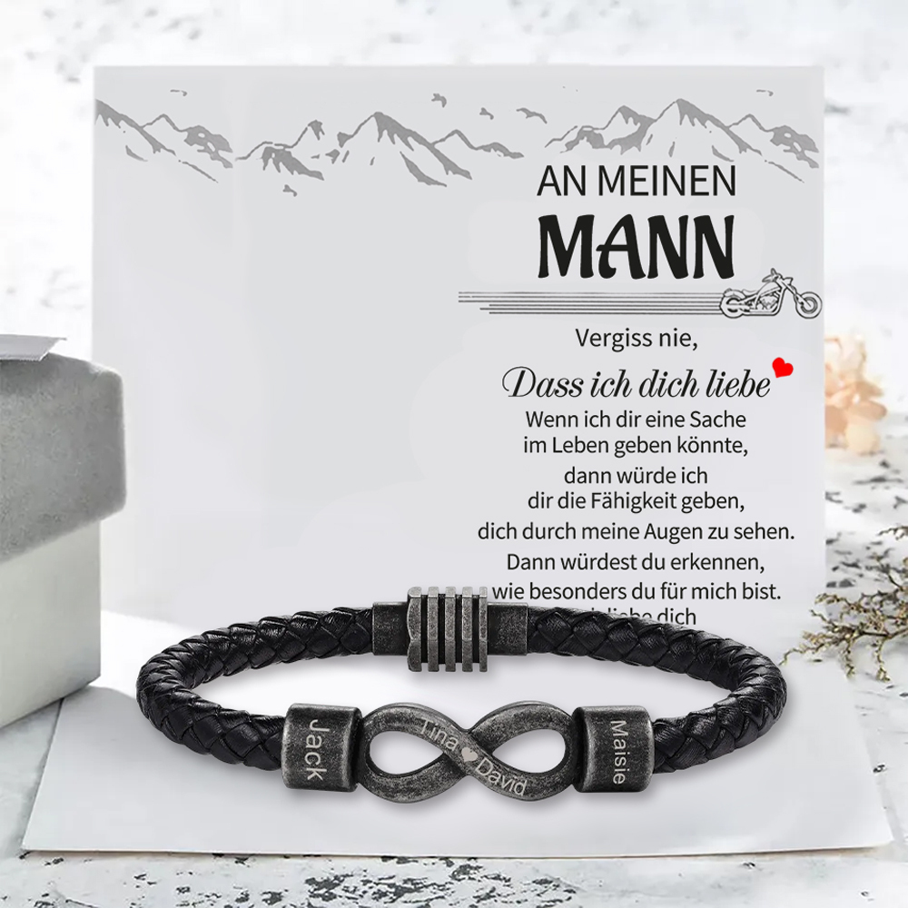 Herren Personalisierte 2 Namen & Text Leder Infinity-Armband mit Vinta