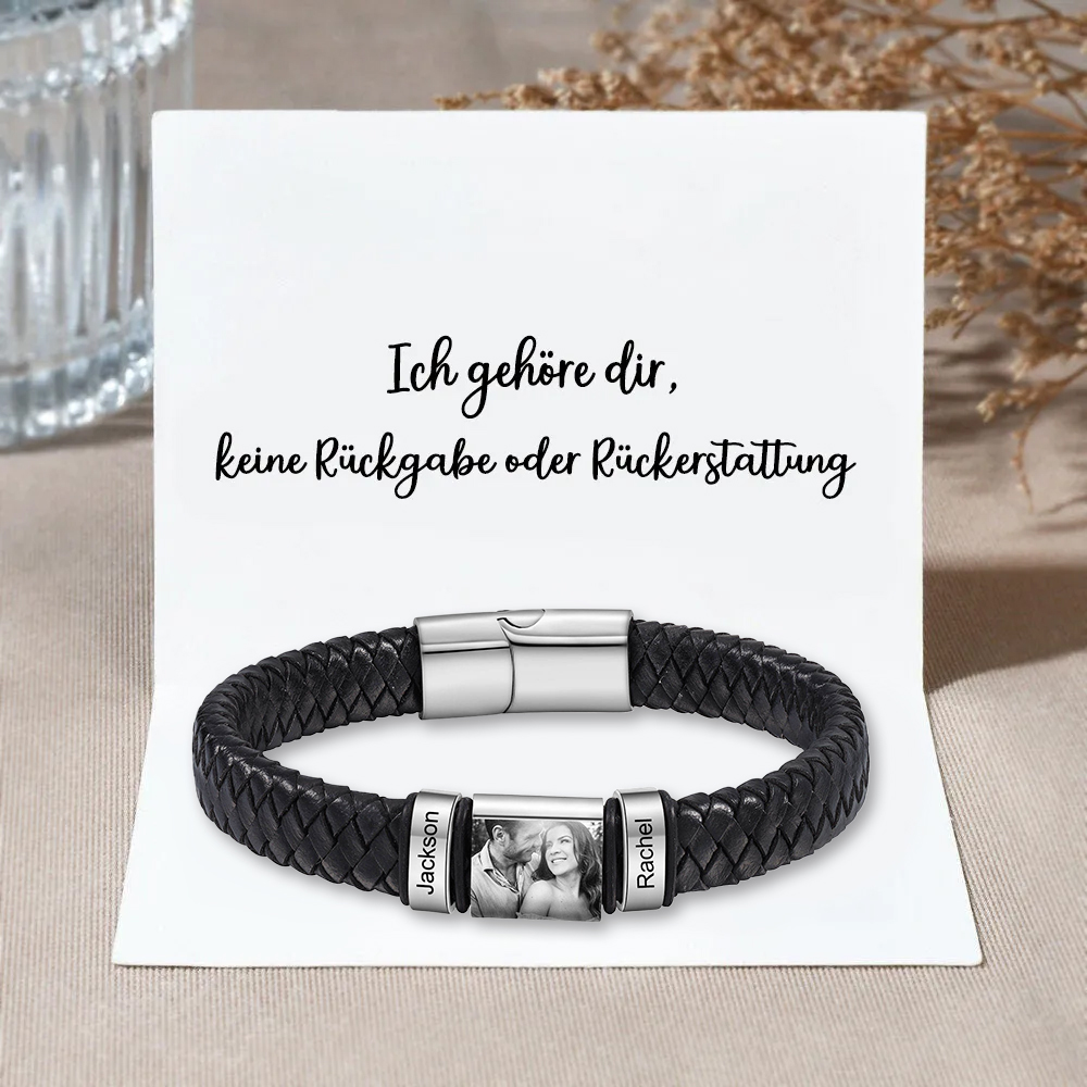 Herren Personalisierte 2 Namen & Foto Geflochtenes Leder Armband mit Nachrichtenkarte für Mann