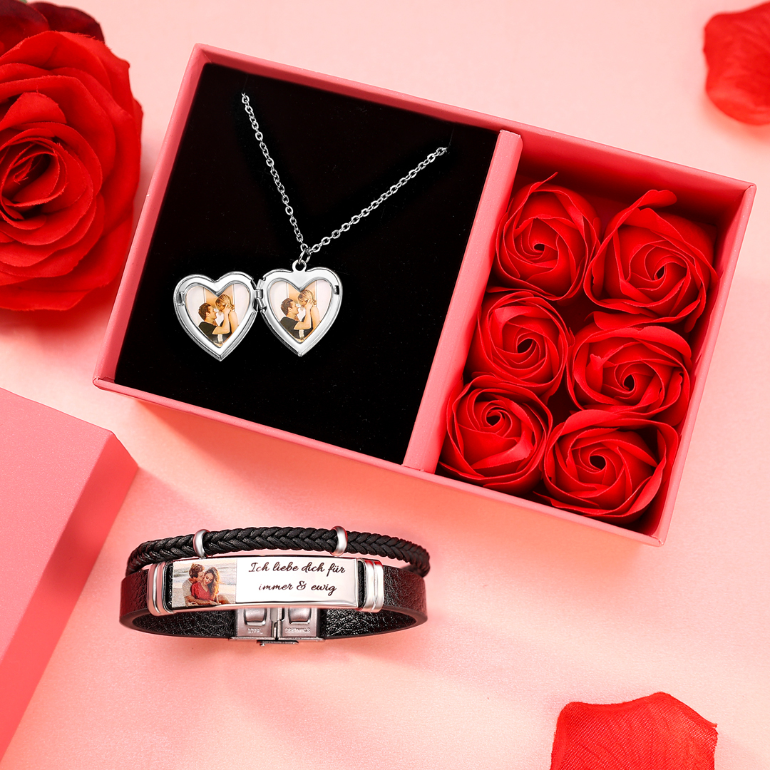 Personalisierte 2 Fotos & Name & Datum Herz-Foto Halskette & Text & Foto Herrenarmband & Geschenkbox Set für Paar