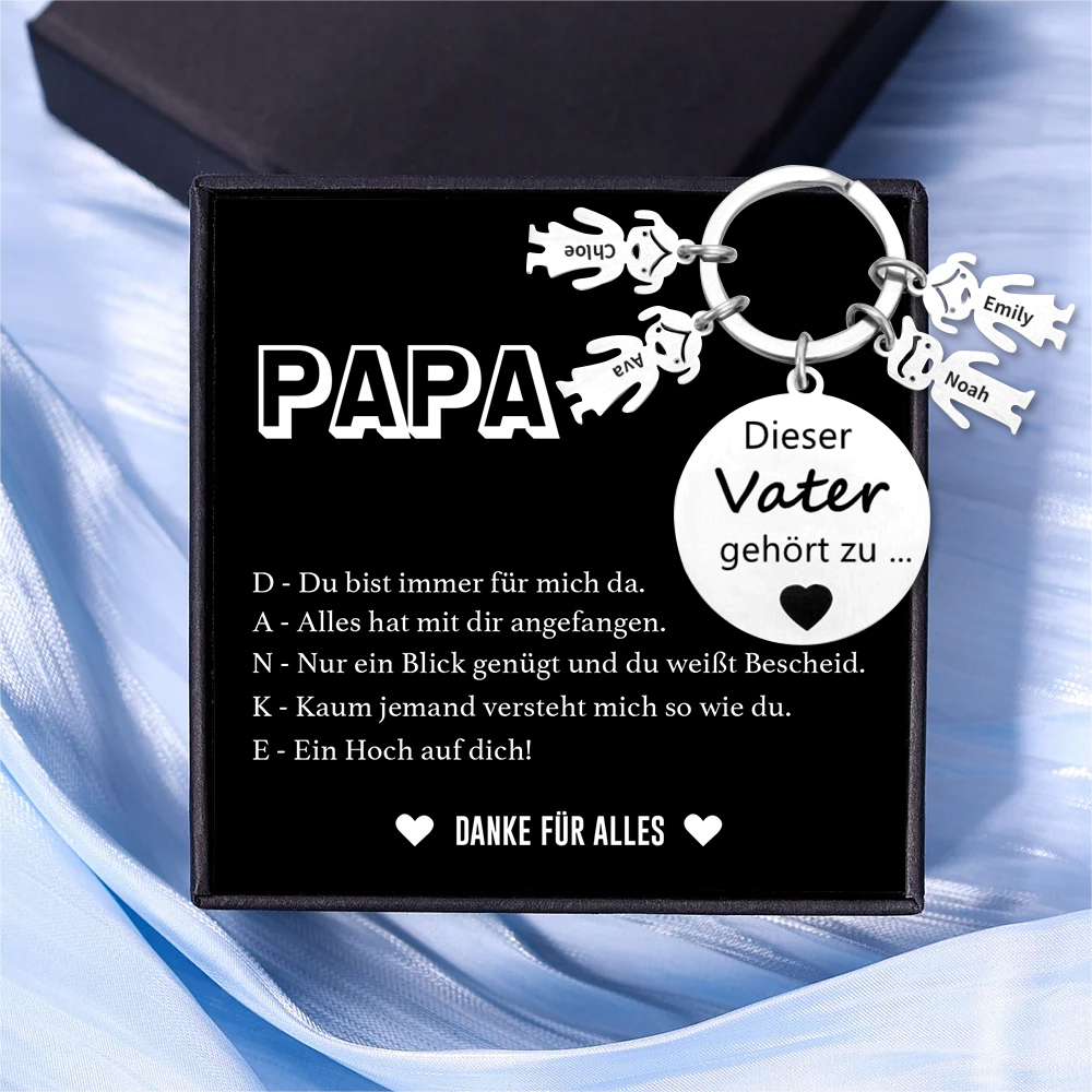 Gravur 4 Namen & Wunschtext Familie Schlüsselanhänger - Dieser Vater ( oder Mutter, Opa, Oma, usw. ) Gehört zu ...