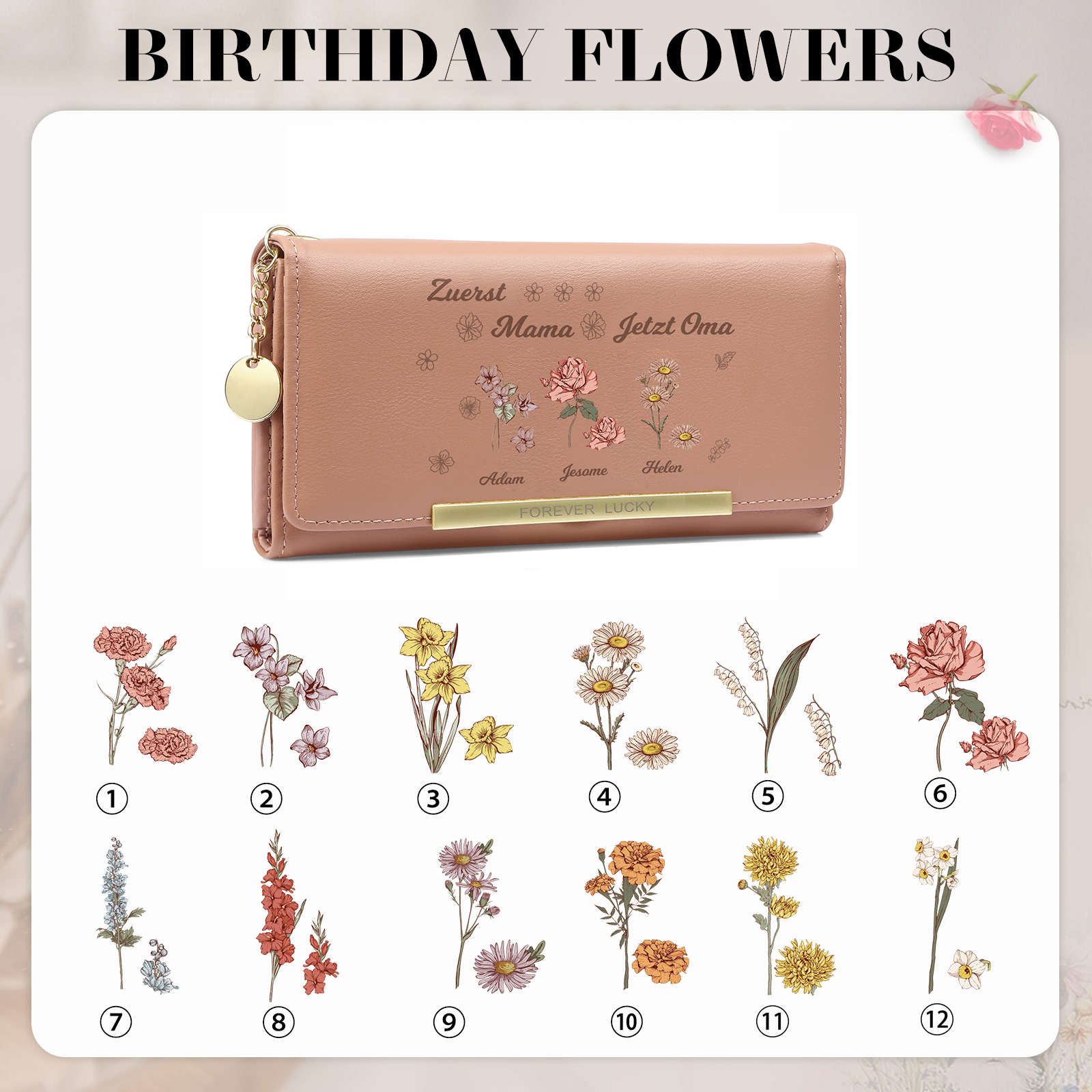 Personalisiertes Foto & 2 Namen & Geburtsblumen PU Leder Lange Portemonnaie Geldbörse-Zuerst Mama, Jetzt Oma