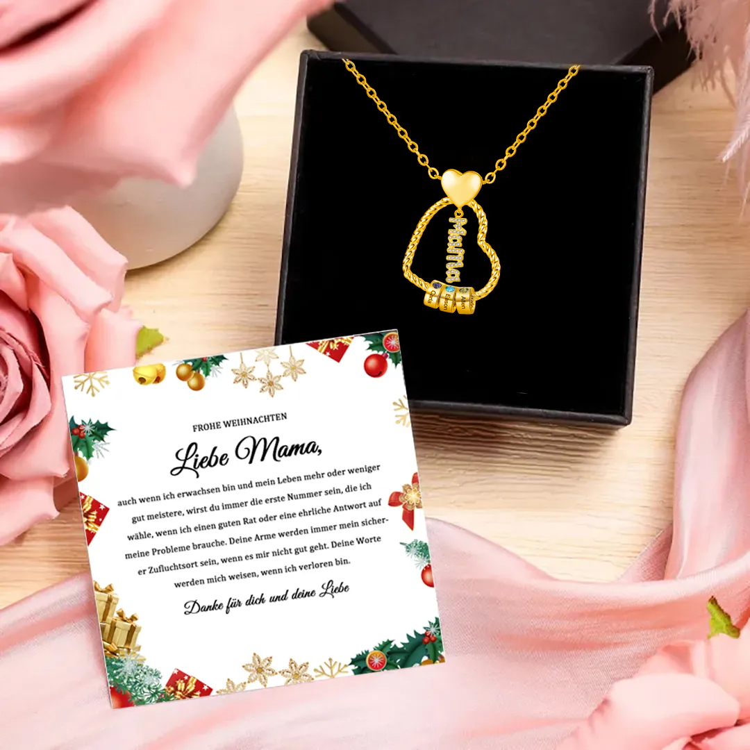 Personalisierte 2 Namen Herz Halskette mit 2 Geburtssteinen & Weihnachts-Geschenkkarte & GeschenkBox für Mama Mutter Geschenkkarte Set