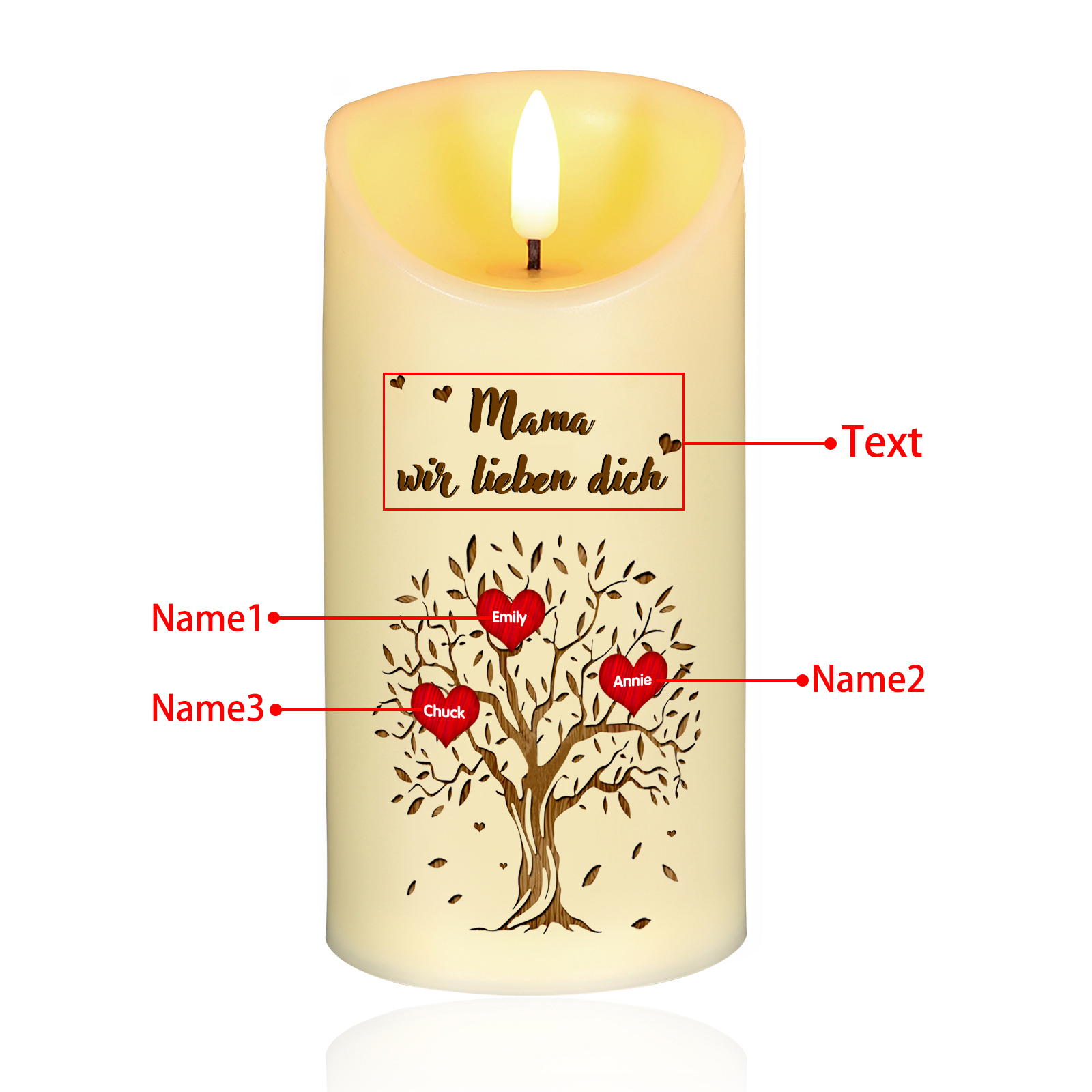 Personalisierbare LED-Kerze Baum mit 3 Namen & Text - Herzliche Schreibtischdekoration für Familie