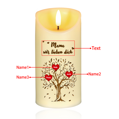 Personalisierbare LED-Kerze Baum mit 3 Namen & Text - Herzliche Schreibtischdekoration für Familie