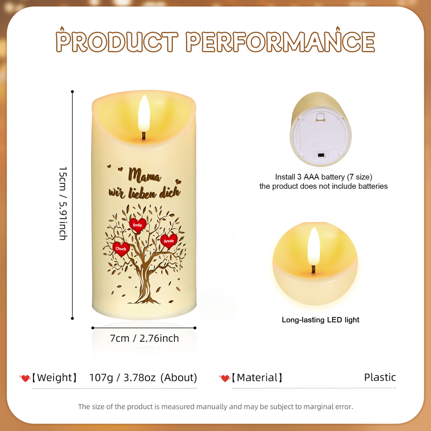 Personalisierbare LED-Kerze Baum mit 3 Namen & Text - Herzliche Schreibtischdekoration für Familie