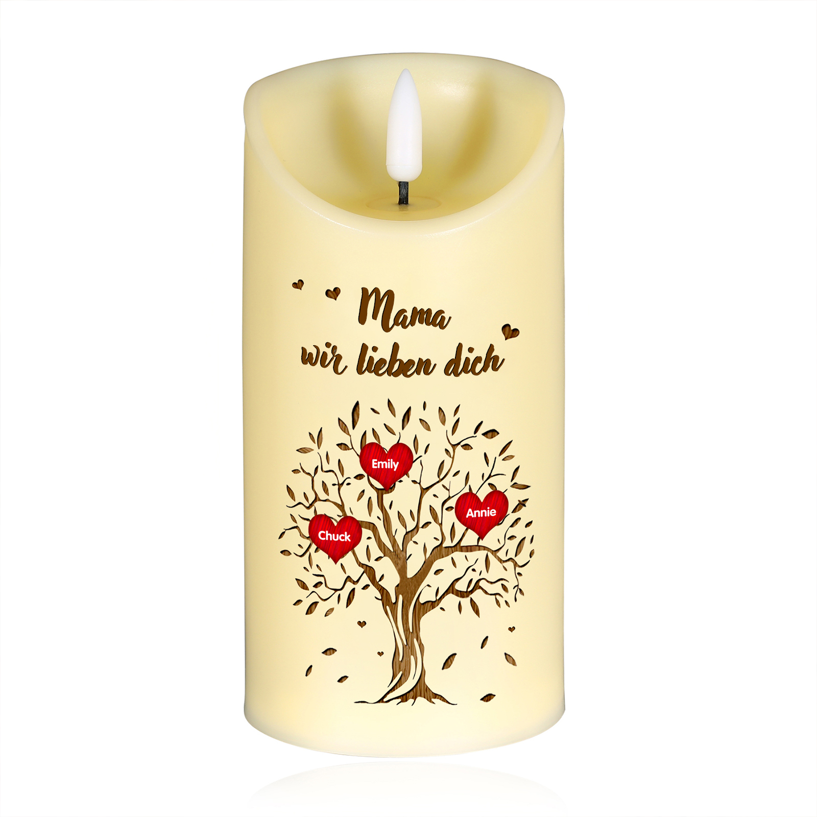 Personalisierbare LED-Kerze Baum mit 3 Namen & Text - Herzliche Schreibtischdekoration für Familie