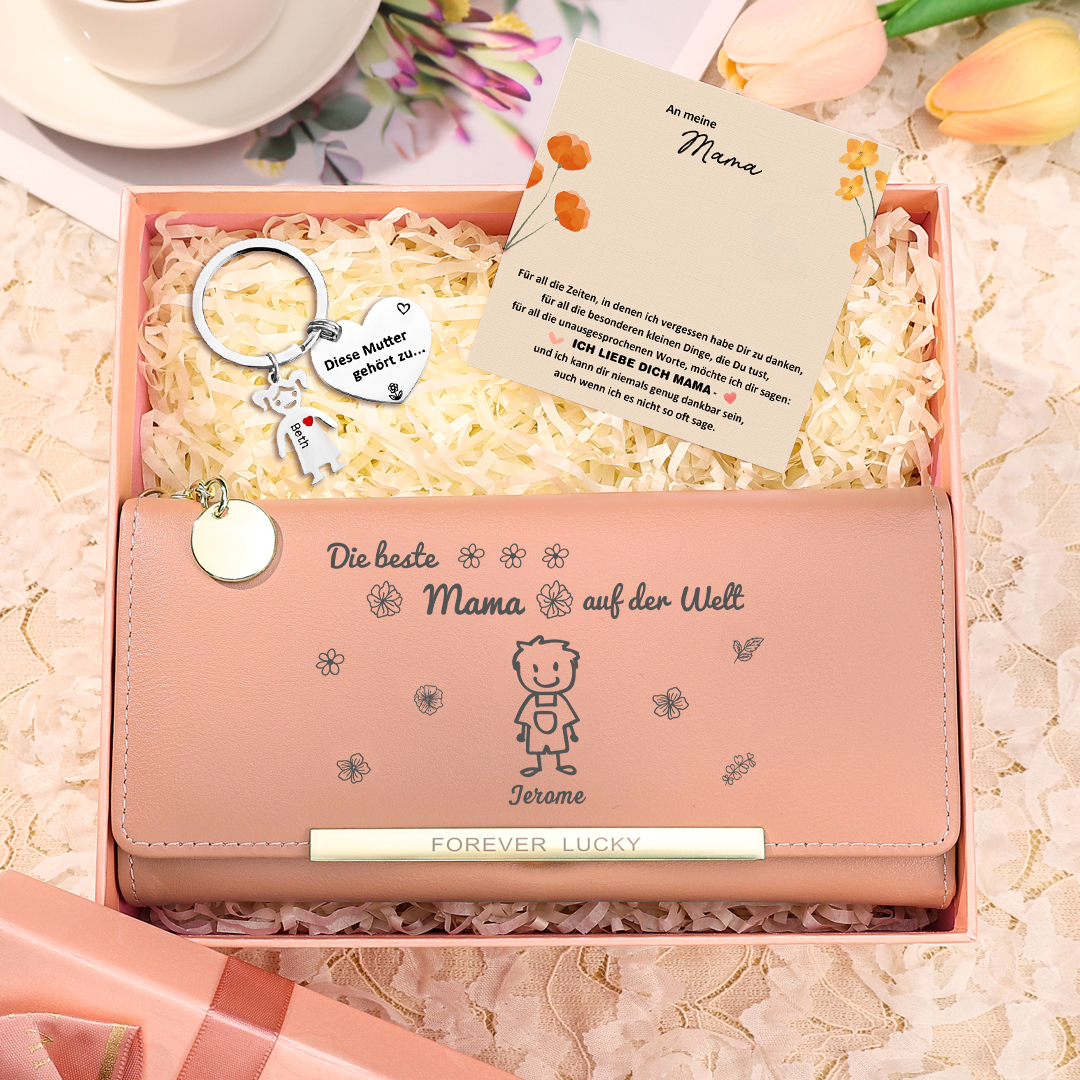 Personalisierter Foto* Name*Muster PU Leder Geldbörse & Name* Muster Schlüsselanhänger & Karte & Box Geschenkbox Set für Mama