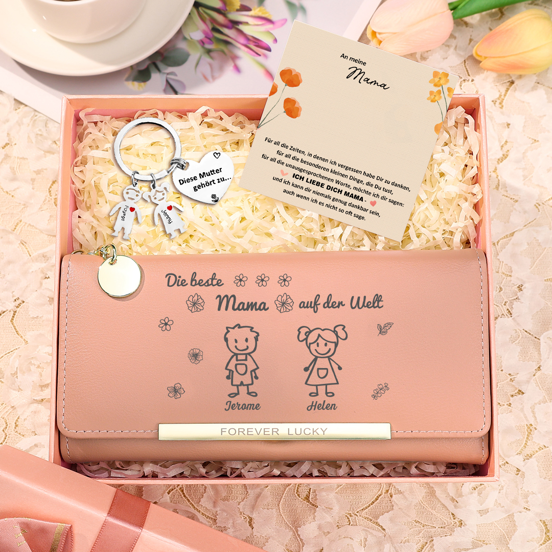 Personalisierter Foto* Name*Muster PU Leder Geldbörse & Name* Muster Schlüsselanhänger & Karte & Box Geschenkbox Set für Mama
