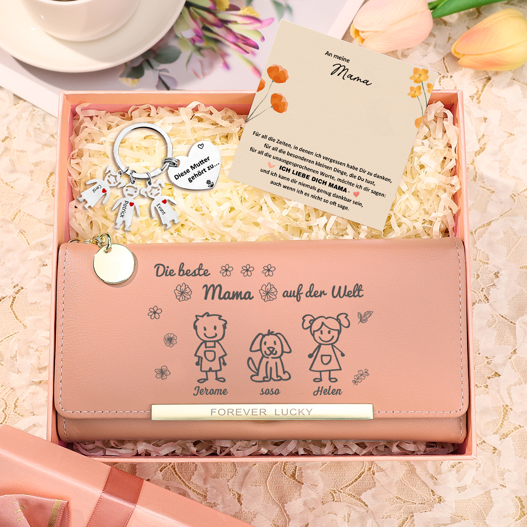 Personalisierter Foto* Name*Muster PU Leder Geldbörse & Name* Muster Schlüsselanhänger & Karte & Box Geschenkbox Set für Mama