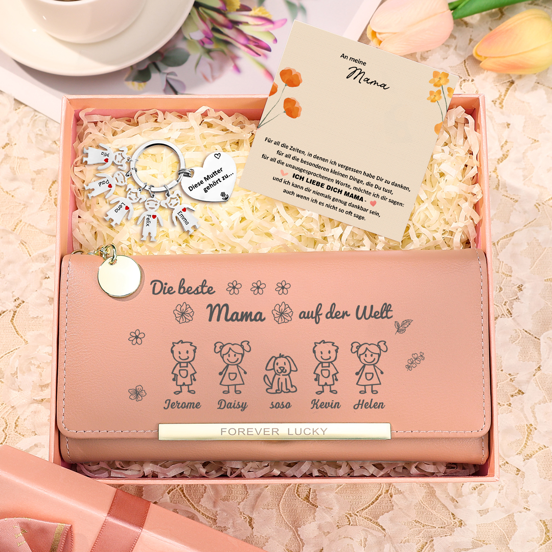 Personalisierter Foto* Name*Muster PU Leder Geldbörse & Name* Muster Schlüsselanhänger & Karte & Box Geschenkbox Set für Mama