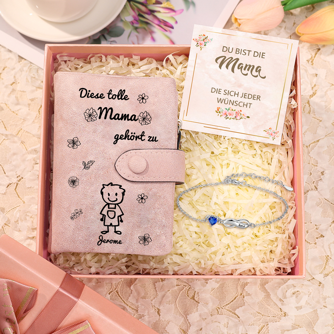 Personalisierte 1-6 Namen* Muster Geldbörse & Armband mit 1-6 Geburtssteinen* Namen & Karte & Box Geschenkbox Set für Mama