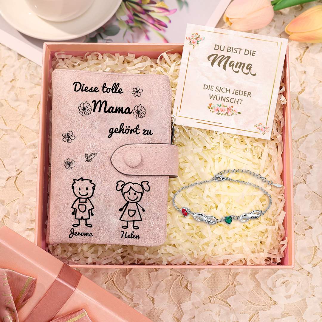 Personalisierte 1-6 Namen* Muster Geldbörse & Armband mit 1-6 Geburtssteinen* Namen & Karte & Box Geschenkbox Set für Mama