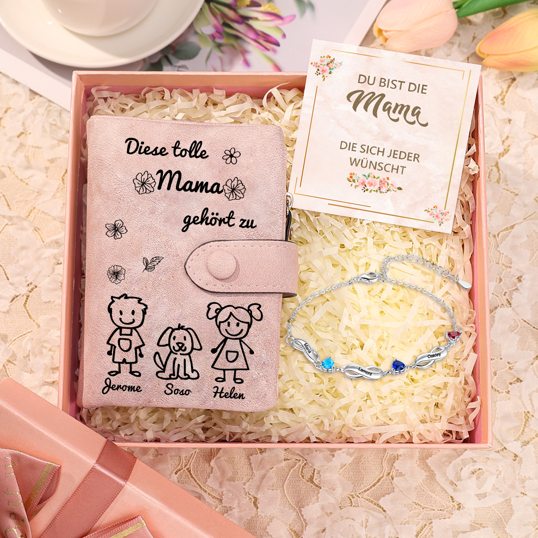 Personalisierte 1-6 Namen* Muster Geldbörse & Armband mit 1-6 Geburtssteinen* Namen & Karte & Box Geschenkbox Set für Mama