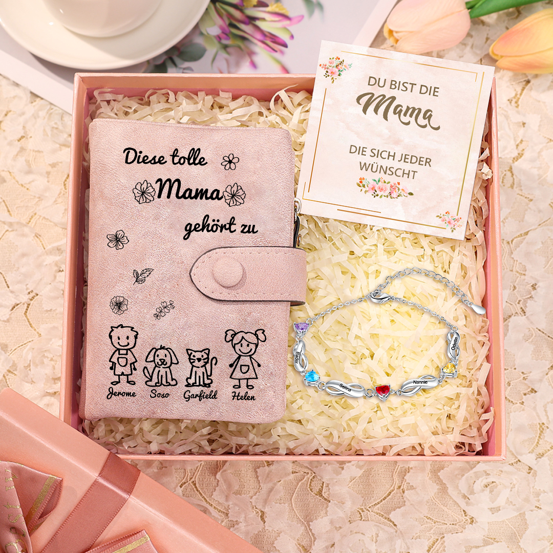 Personalisierte 1-6 Namen* Muster Geldbörse & Armband mit 1-6 Geburtssteinen* Namen & Karte & Box Geschenkbox Set für Mama