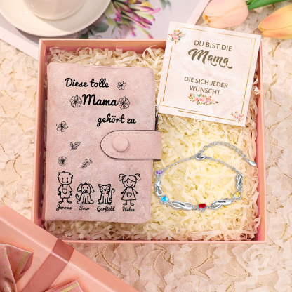 Personalisierte 1-6 Namen* Muster Geldbörse & Armband mit 1-6 Geburtssteinen* Namen & Karte & Box Geschenkbox Set für Mama