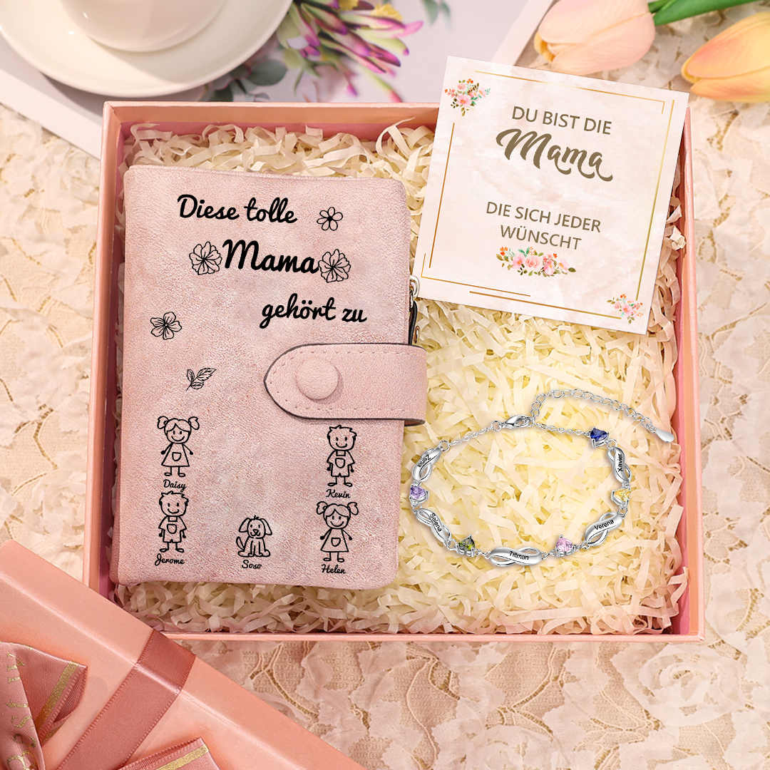 Personalisierte 1-6 Namen* Muster Geldbörse & Armband mit 1-6 Geburtssteinen* Namen & Karte & Box Geschenkbox Set für Mama
