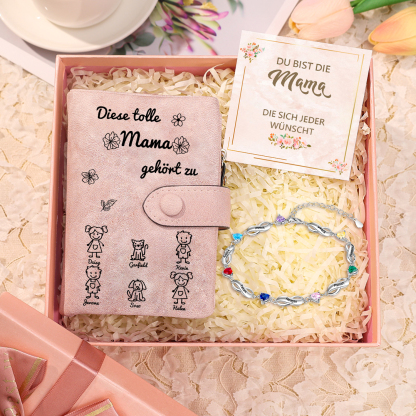 Personalisierte 1-6 Namen* Muster Geldbörse & Armband mit 1-6 Geburtssteinen* Namen & Karte & Box Geschenkbox Set für Mama