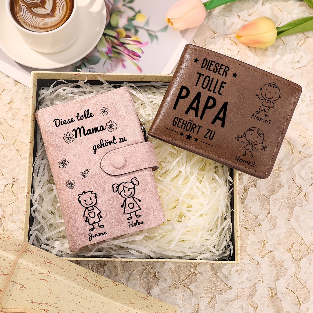 Personalisierter 1-5 Namen*Muster PU Leder Damen-Geldbörse & 1-5 Namen* Muster & 1 Foto Herren-Geldbörse & Box Geschenkbox Set für Mama/Papa