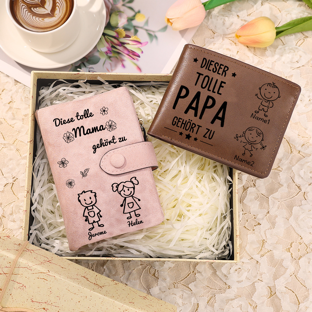 Personalisierter 1-5 Namen*Muster PU Leder Damen-Geldbörse & 1-5 Namen* Muster & 1 Foto Herren-Geldbörse & Box Geschenkbox Set für Mama/Papa
