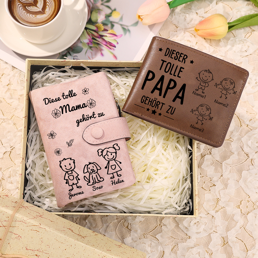 Personalisierter 1-5 Namen*Muster PU Leder Damen-Geldbörse & 1-5 Namen* Muster & 1 Foto Herren-Geldbörse & Box Geschenkbox Set für Mama/Papa