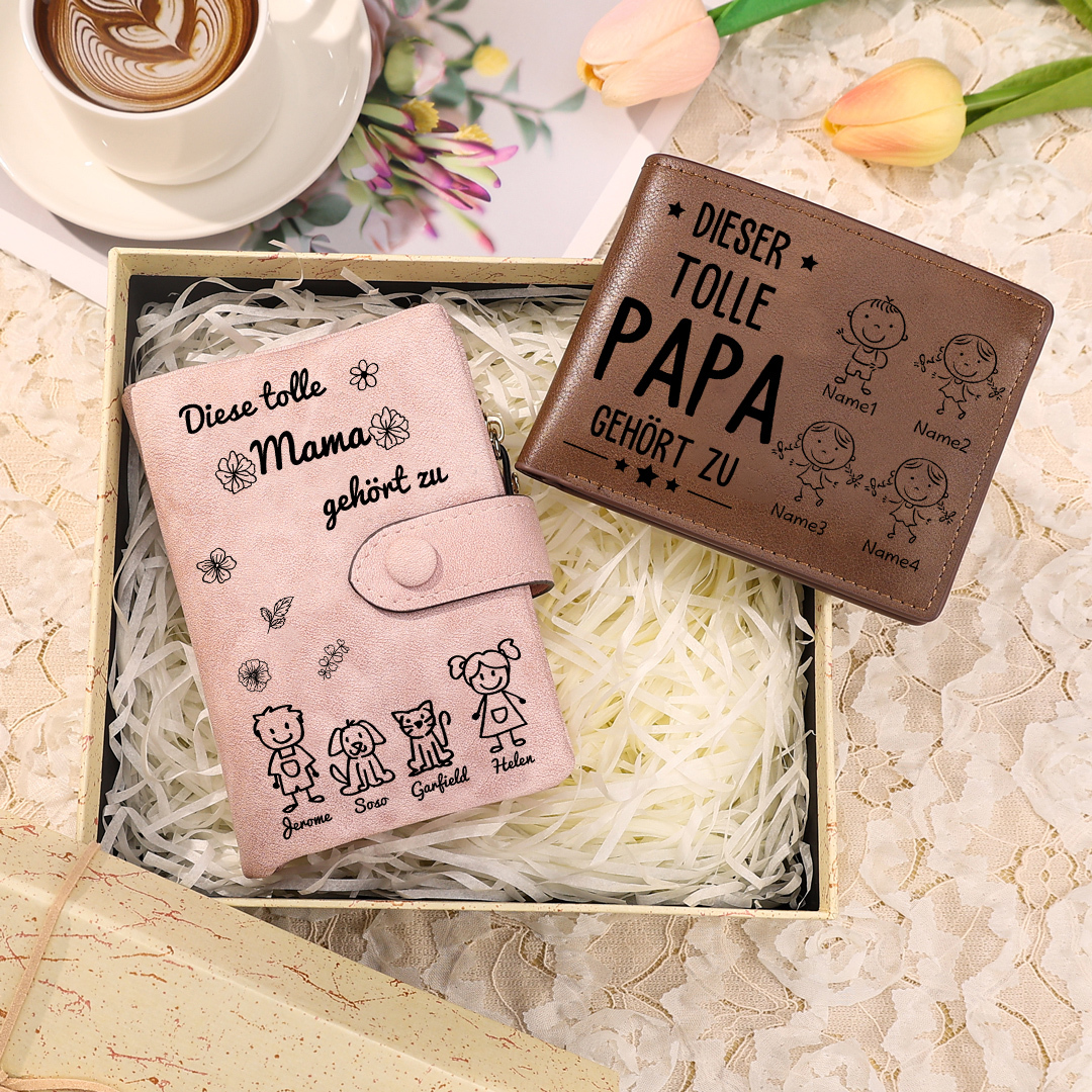 Personalisierter 1-5 Namen*Muster PU Leder Damen-Geldbörse & 1-5 Namen* Muster & 1 Foto Herren-Geldbörse & Box Geschenkbox Set für Mama/Papa