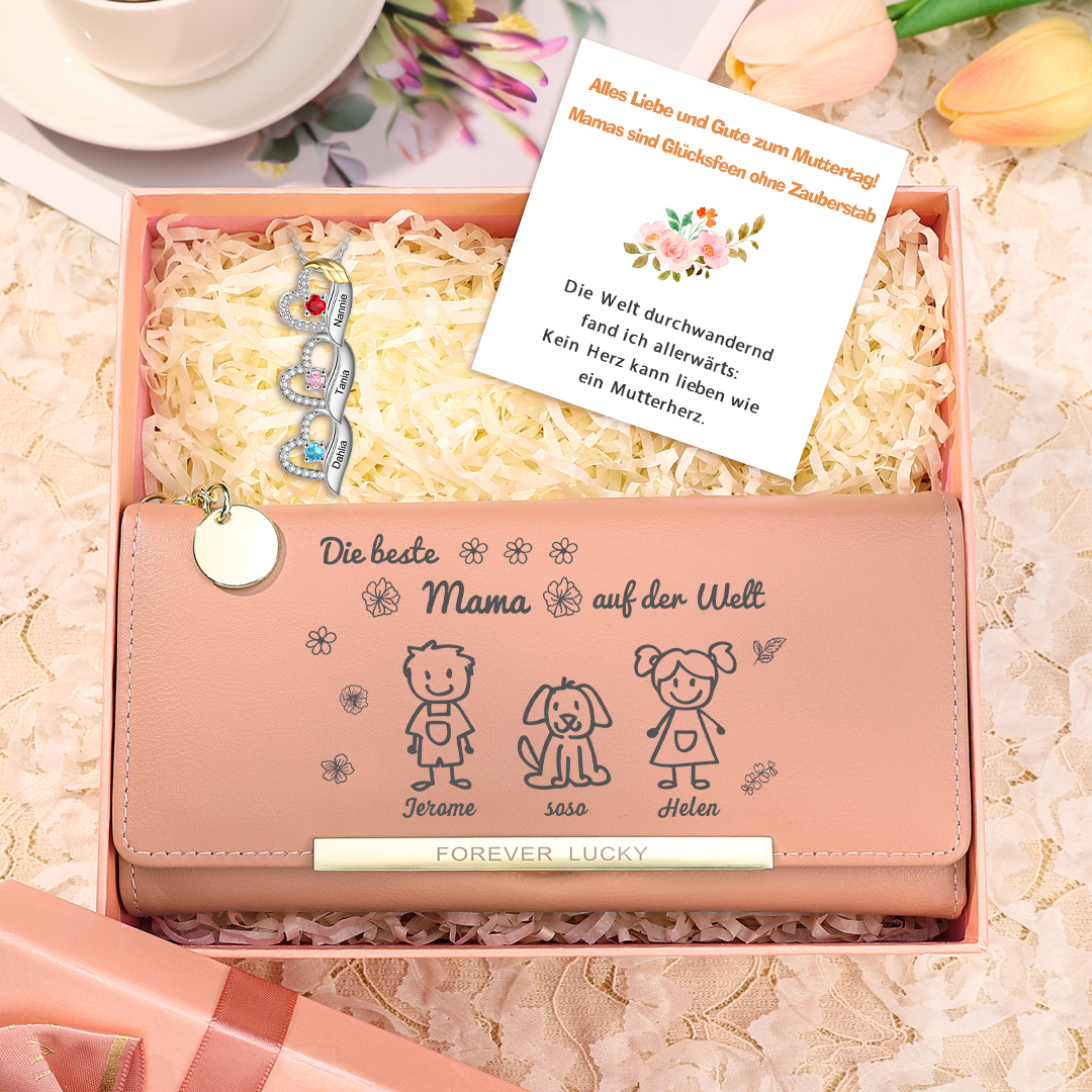 Personalisierter Foto* Name*Muster PU Leder Geldbörse & Name* Geburtsstein Halskette & Karte & Box Geschenkbox Set für Mama
