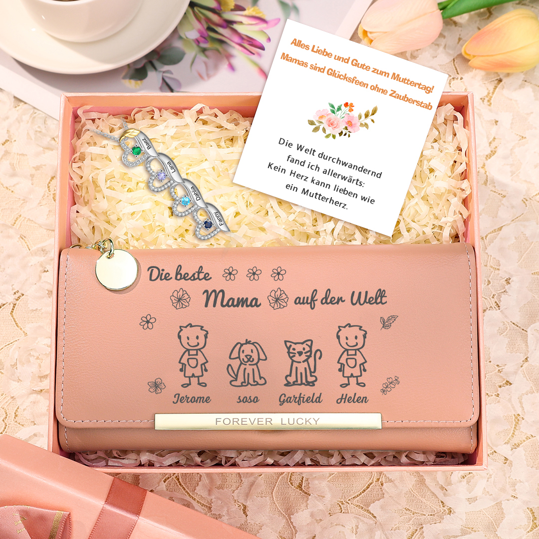 Personalisierter Foto* Name*Muster PU Leder Geldbörse & Name* Geburtsstein Halskette & Karte & Box Geschenkbox Set für Mama