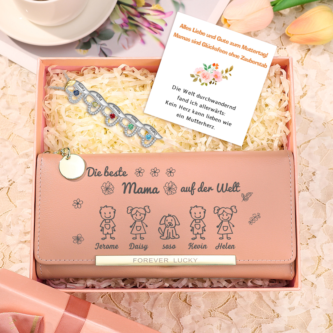 Personalisierter Foto* Name*Muster PU Leder Geldbörse & Name* Geburtsstein Halskette & Karte & Box Geschenkbox Set für Mama