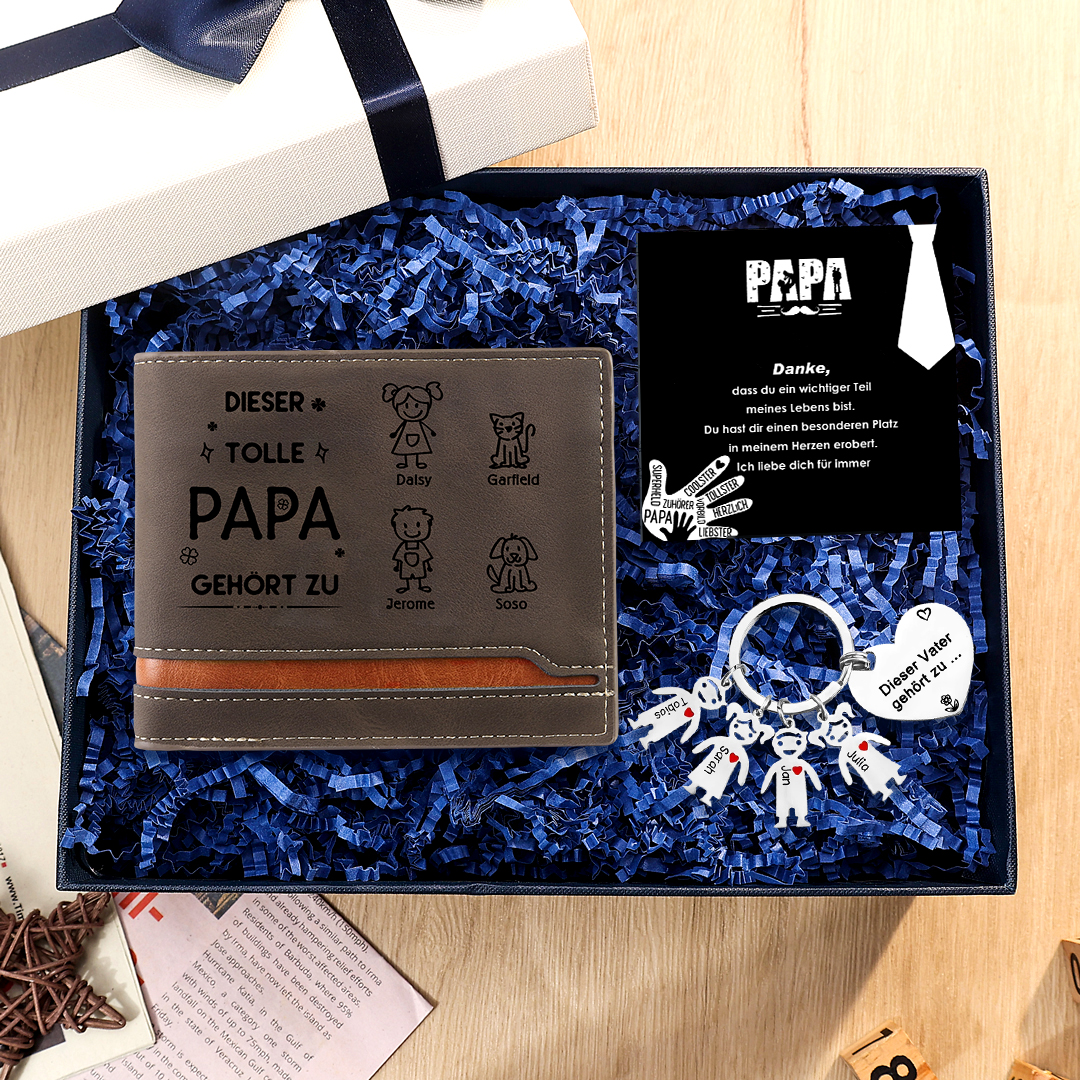 Personalisierter Foto* Name*Muster PU Leder Geldbörse & Name* Muster Schlüsselanhänger & Karte & Box Geschenkbox Set für Papa