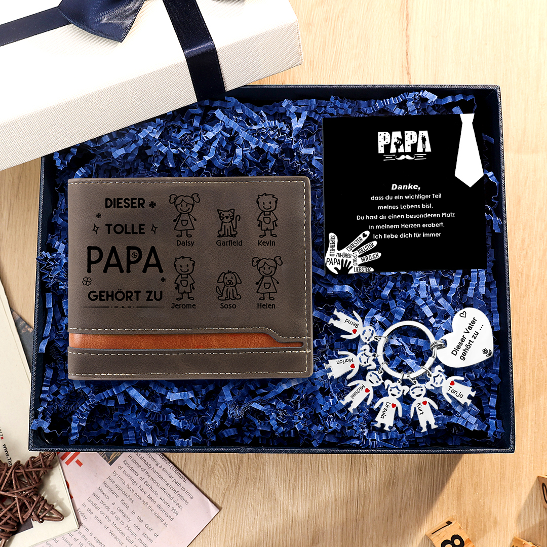 Personalisierter Foto* Name*Muster PU Leder Geldbörse & Name* Muster Schlüsselanhänger & Karte & Box Geschenkbox Set für Papa
