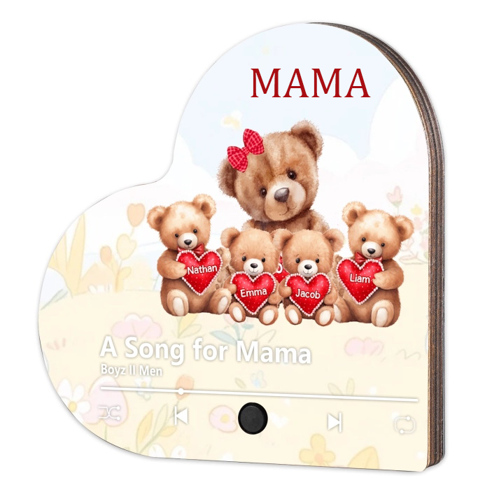Herz Personalisiertes 4 Namen & Text & Lied farbige Acryl-Holz Kühlschrankmagnet mit Musikfunktion - Geschenk für Mama