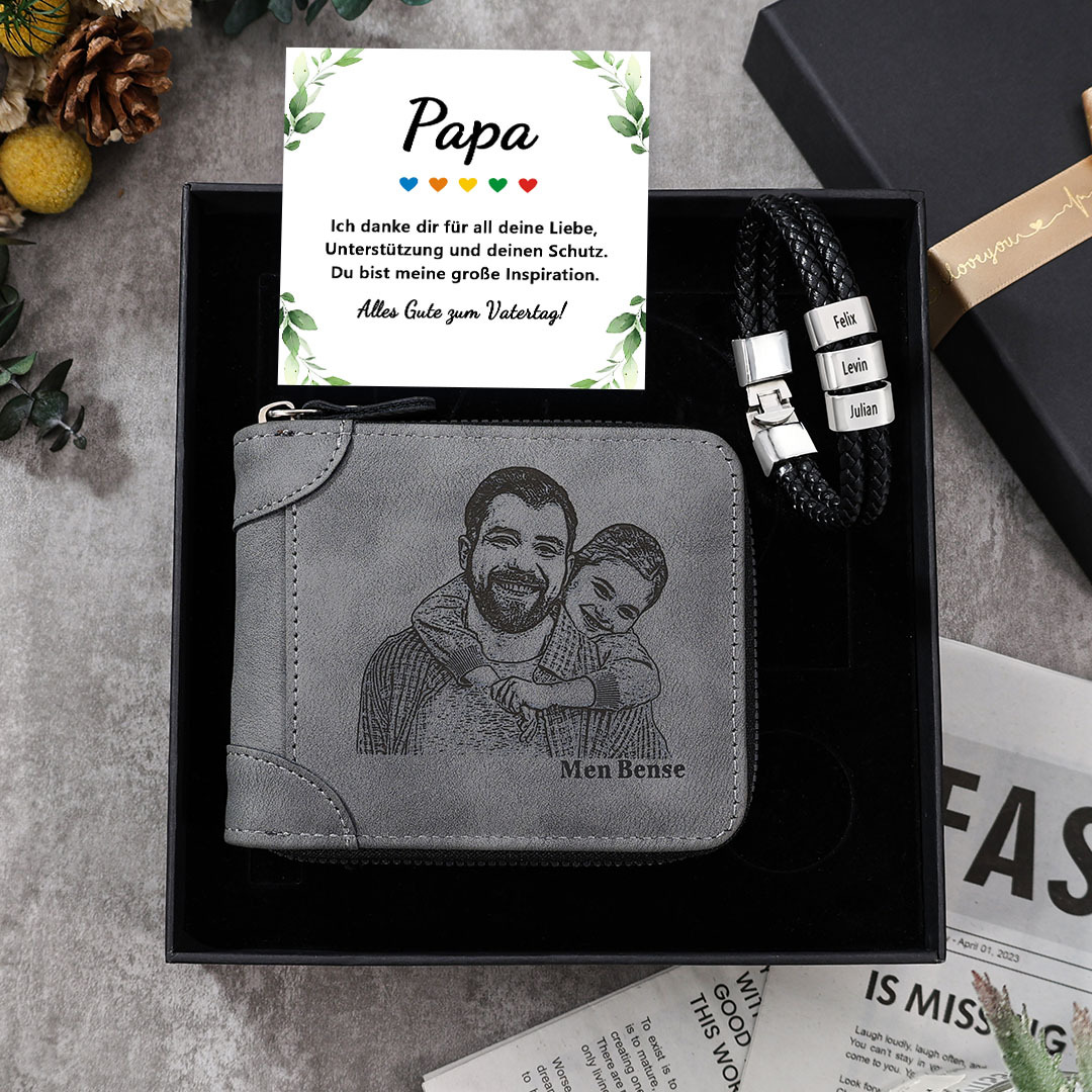 Personalisierter Foto PU Leder Geldbörse & 2-6 Namen Leder Armband & Karte & Box Geschenkbox Set für Papa