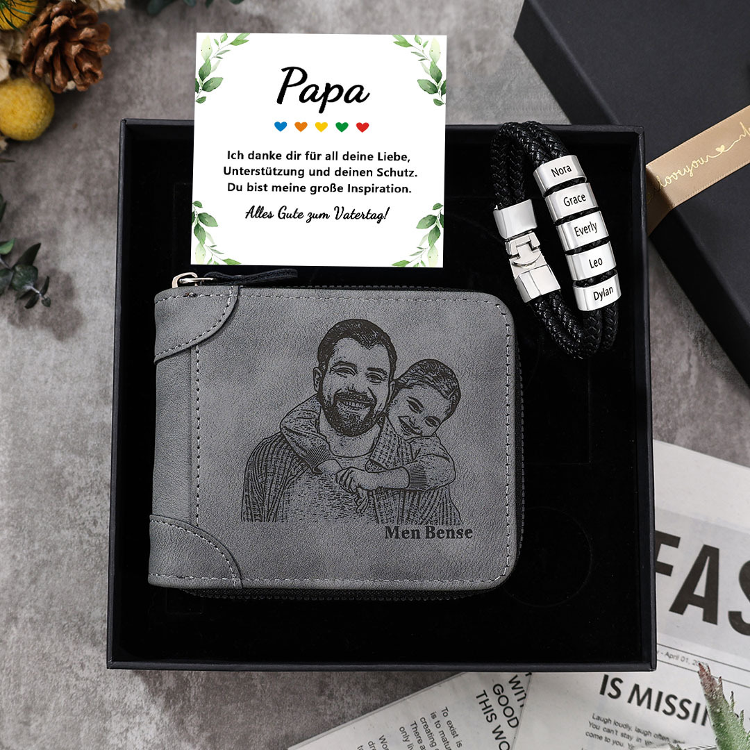 Personalisierter Foto PU Leder Geldbörse & 2-6 Namen Leder Armband & Karte & Box Geschenkbox Set für Papa