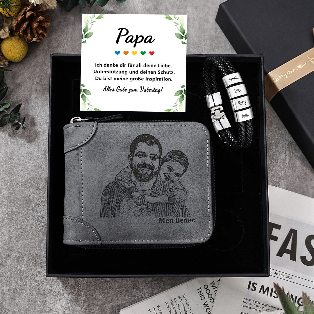 Personalisierter Foto PU Leder Geldbörse & 2-6 Namen Leder Armband & Karte & Box Geschenkbox Set für Papa