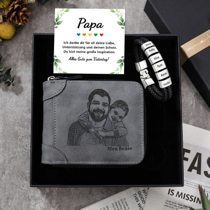 Personalisierter Foto PU Leder Geldbörse & 2-6 Namen Leder Armband & Karte & Box Geschenkbox Set für Papa