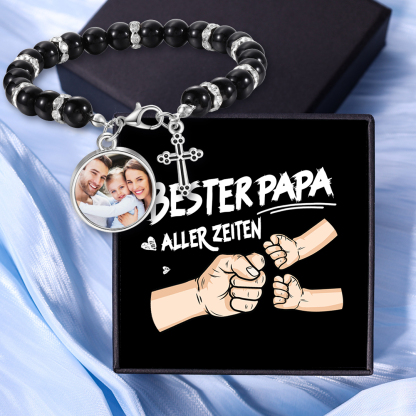 Personalisiertes Foto Armband mit Geschenkkarte - An meinen Mann - Schwarz/ Rot/ Weiß/ Lila Perle Armband mit Kreuzanhänger