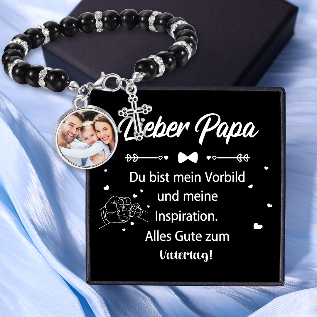 Personalisiertes Foto Armband mit Geschenkkarte - An meinen Mann - Schwarz/ Rot/ Weiß/ Lila Perle Armband mit Kreuzanhänger