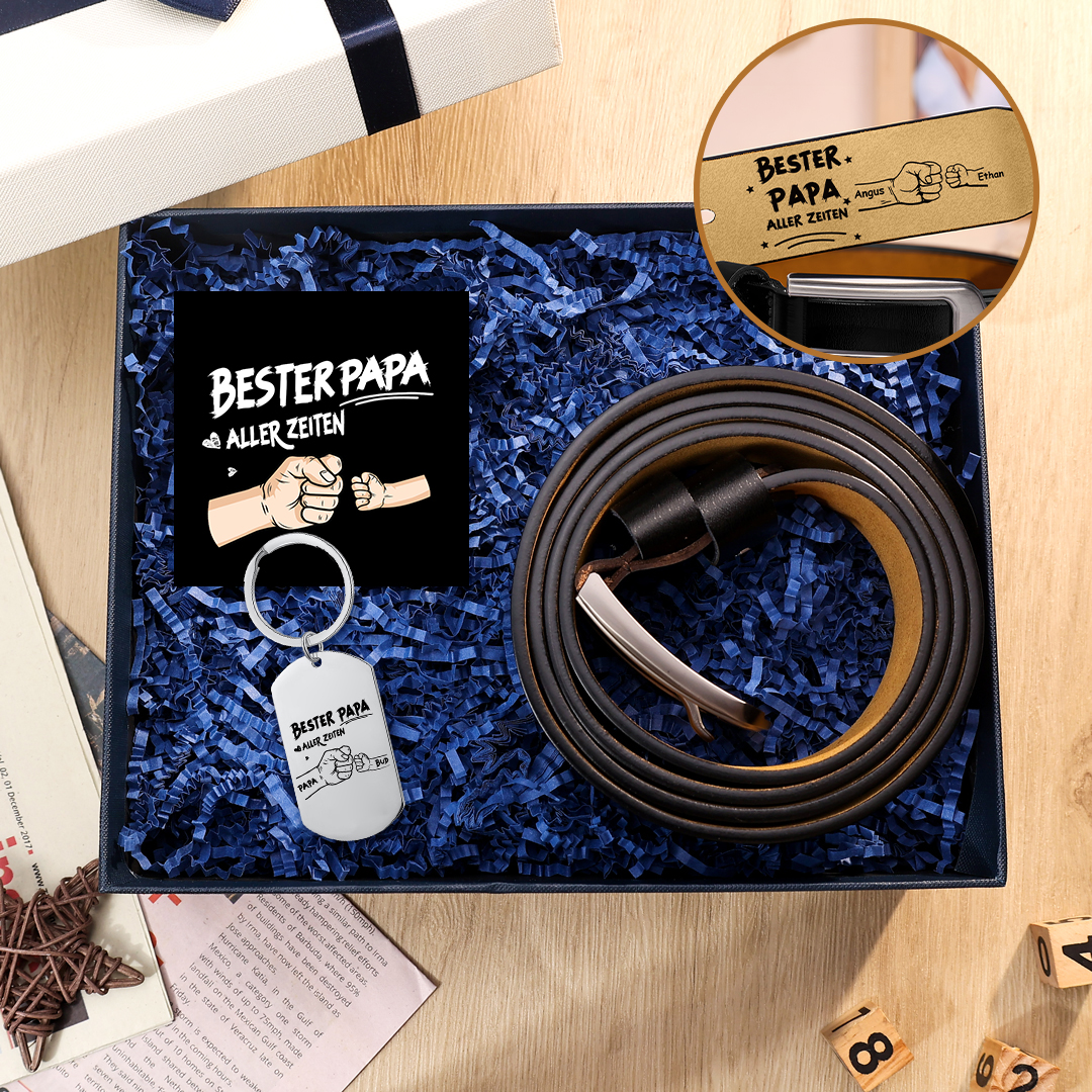 Personalisierter 2-6 Namen Ledergürtel & 2-6 Namen Schlüsselanhänger mit Foto & Karte & Box Geschenkbox Set für Papa