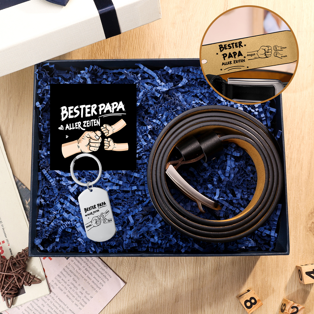 Personalisierter 2-6 Namen Ledergürtel & 2-6 Namen Schlüsselanhänger mit Foto & Karte & Box Geschenkbox Set für Papa