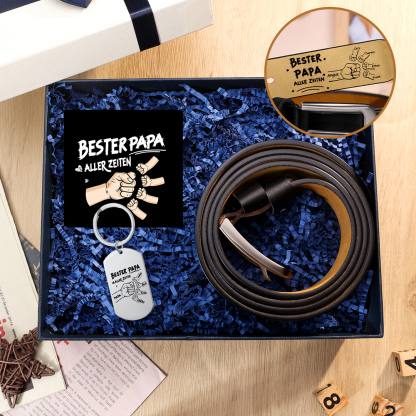 Personalisierter 2-6 Namen Ledergürtel & 2-6 Namen Schlüsselanhänger mit Foto & Karte & Box Geschenkbox Set für Papa