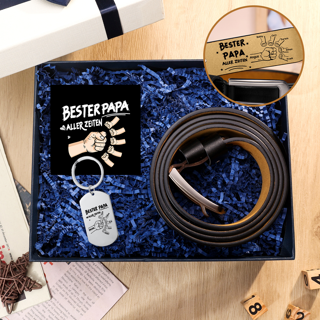 Personalisierter 2-6 Namen Ledergürtel & 2-6 Namen Schlüsselanhänger mit Foto & Karte & Box Geschenkbox Set für Papa