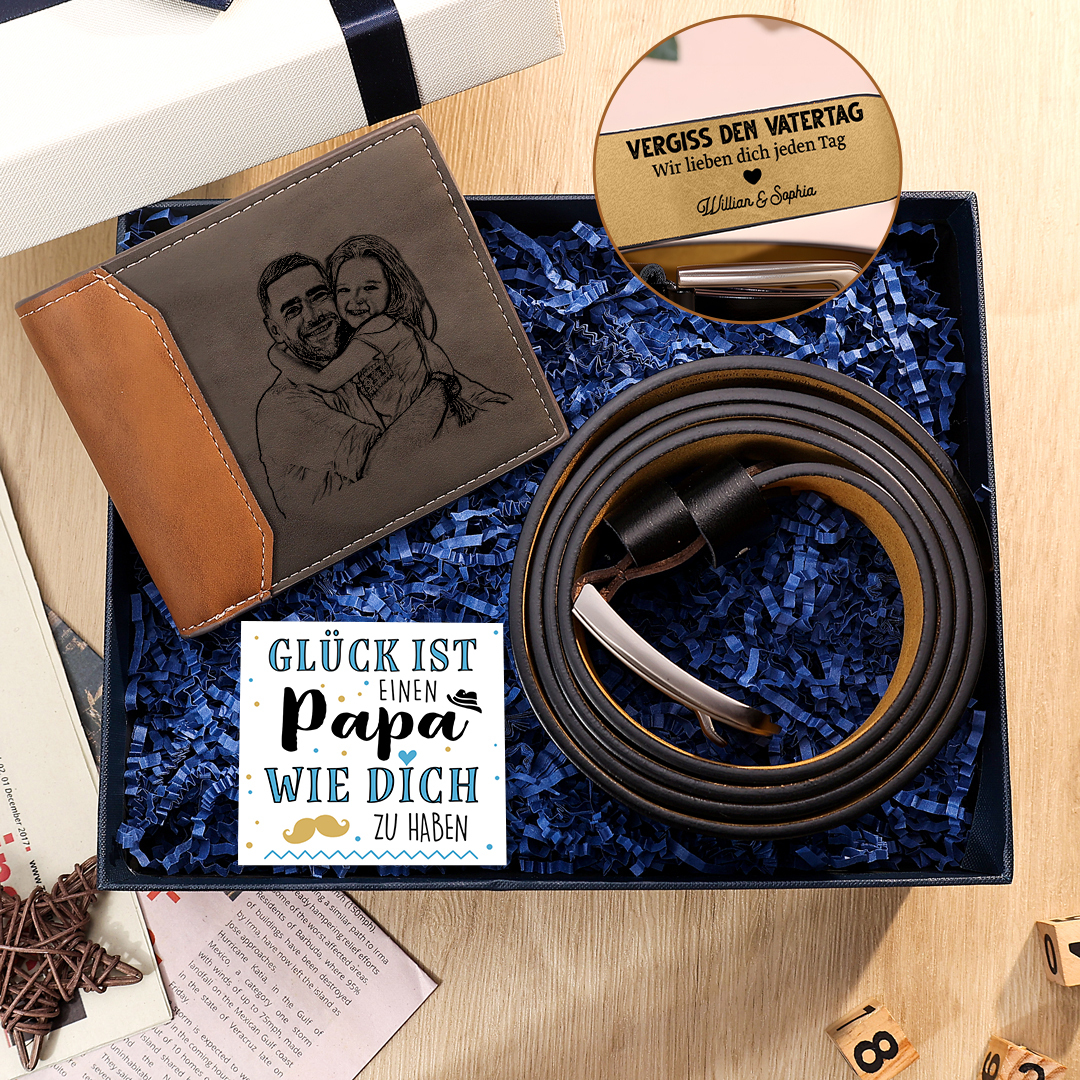 Personalisierter Foto & Name & Buchstabe Leder Geldbörs & 1 Buchstabe & 3 Texte Herren Ledergürtel & Karte & Box Geschenkbox Set für Papa