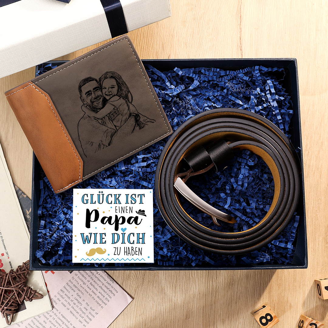 Personalisierter Foto & Name & Buchstabe Leder Geldbörs & 1 Buchstabe & 3 Texte Herren Ledergürtel & Karte & Box Geschenkbox Set für Papa