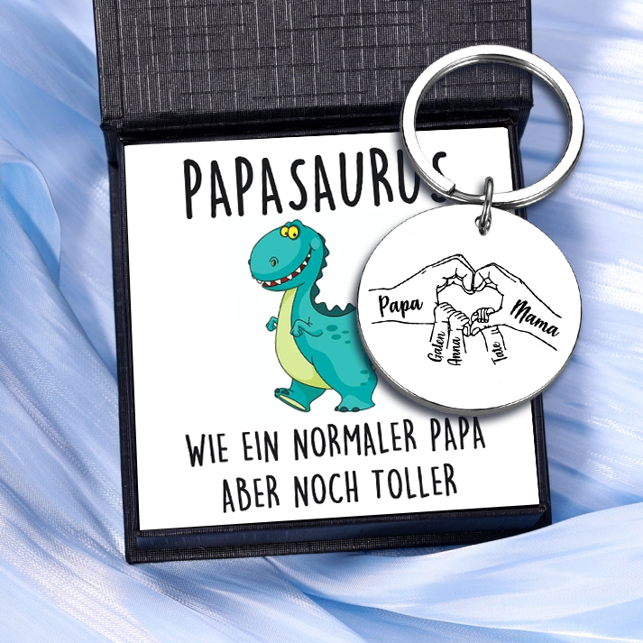 Personalisierbares Foto & 1-5 Namen Rund Metall-Hand in Hand-Schlüsselanhänger für PAPA und MAMA